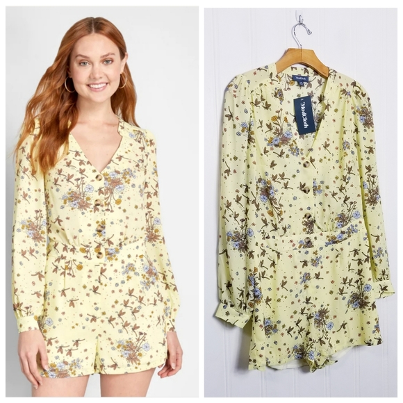 ModCloth Romper Womens Size M Yellow Floral Dragonfly Long Sleeve Jumper - Picture 1 of 14